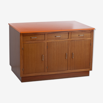 Comptoir de commerce vintage en bois et formica orange 1960