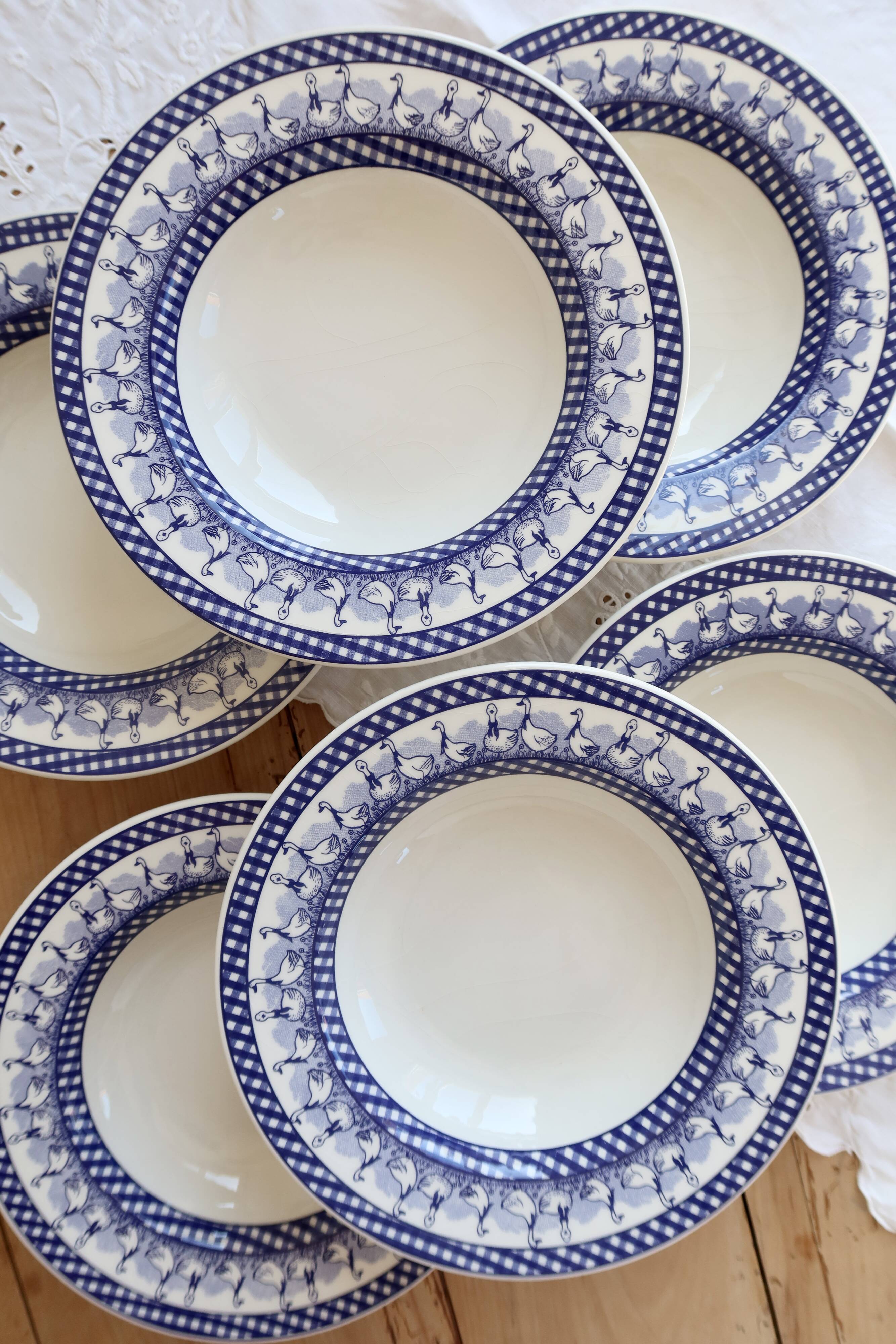 6 vintage deep plates with blue goose vichy decor