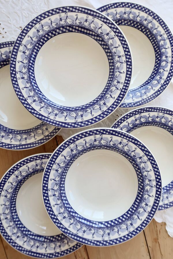 6 assiettes creuses vintage décor vichy oies bleues
