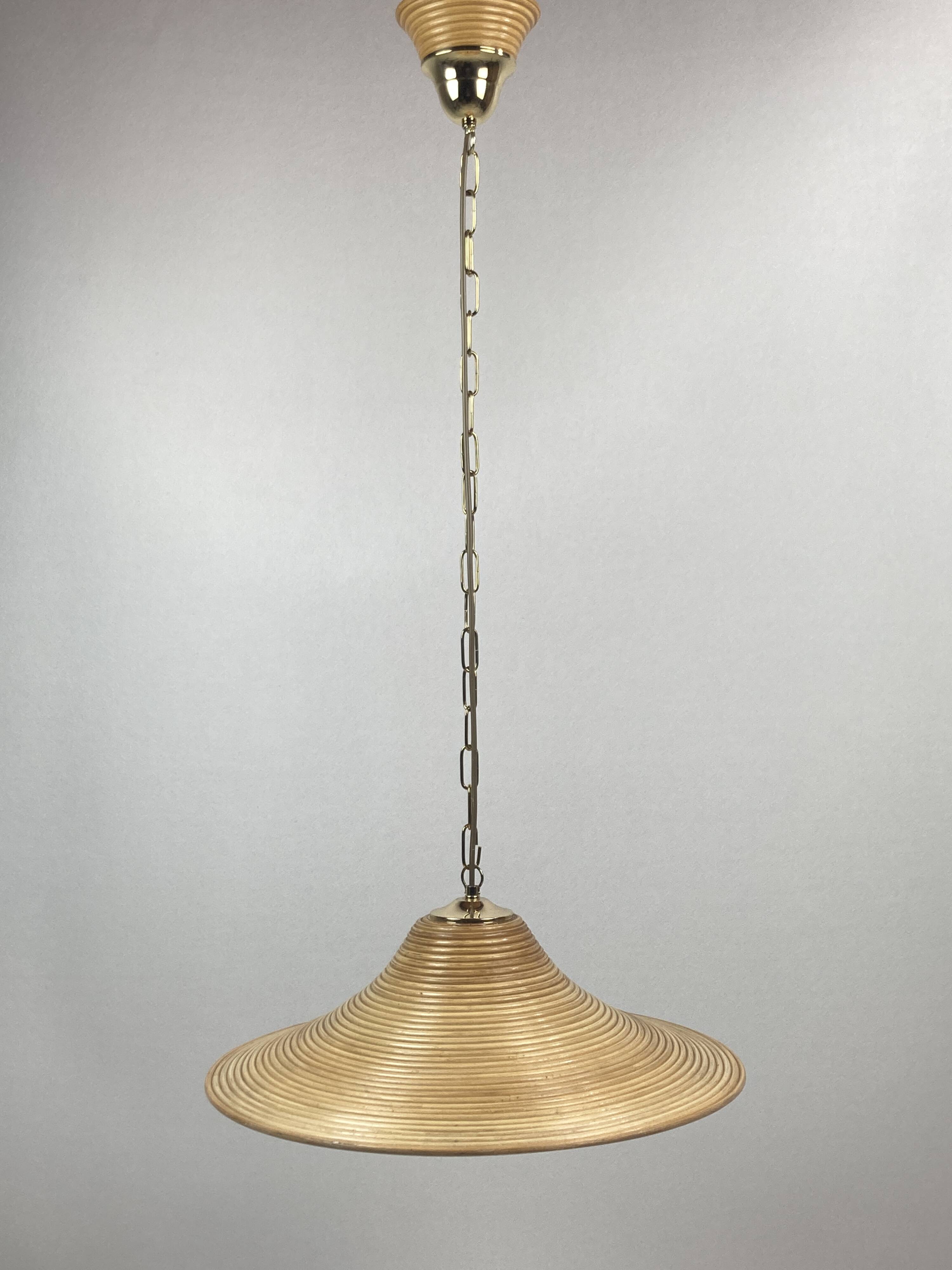 Pencil Split Reed, Rattan, Bamboo & Brass Pendant hanging lamp, Italy, 1970s
