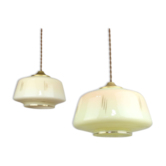 Mid-century glass & brass pendant lamps, set of 2