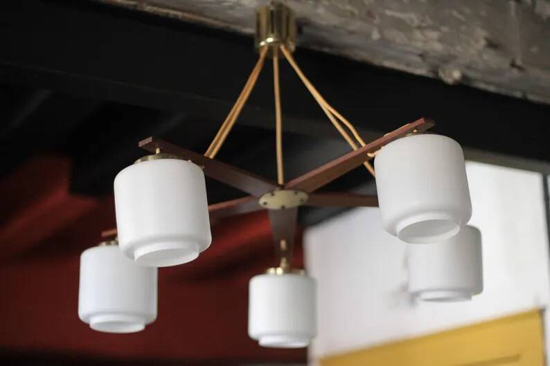 Teak and opaline pendant light, Scandinavian ceiling lamp, vintage wooden pendant with 5 lights, decor.