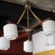 Teak and opaline pendant light, Scandinavian ceiling lamp, vintage wooden pendant with 5 lights, decor.