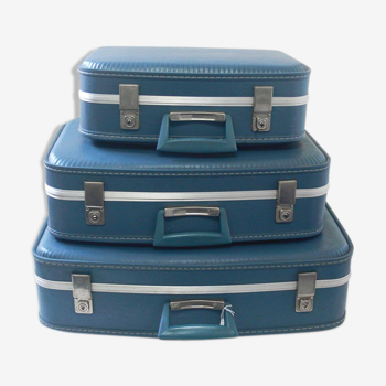 Set of 3 vintage suitcases blue gigognes