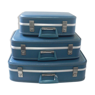 Set of 3 vintage suitcases blue gigognes