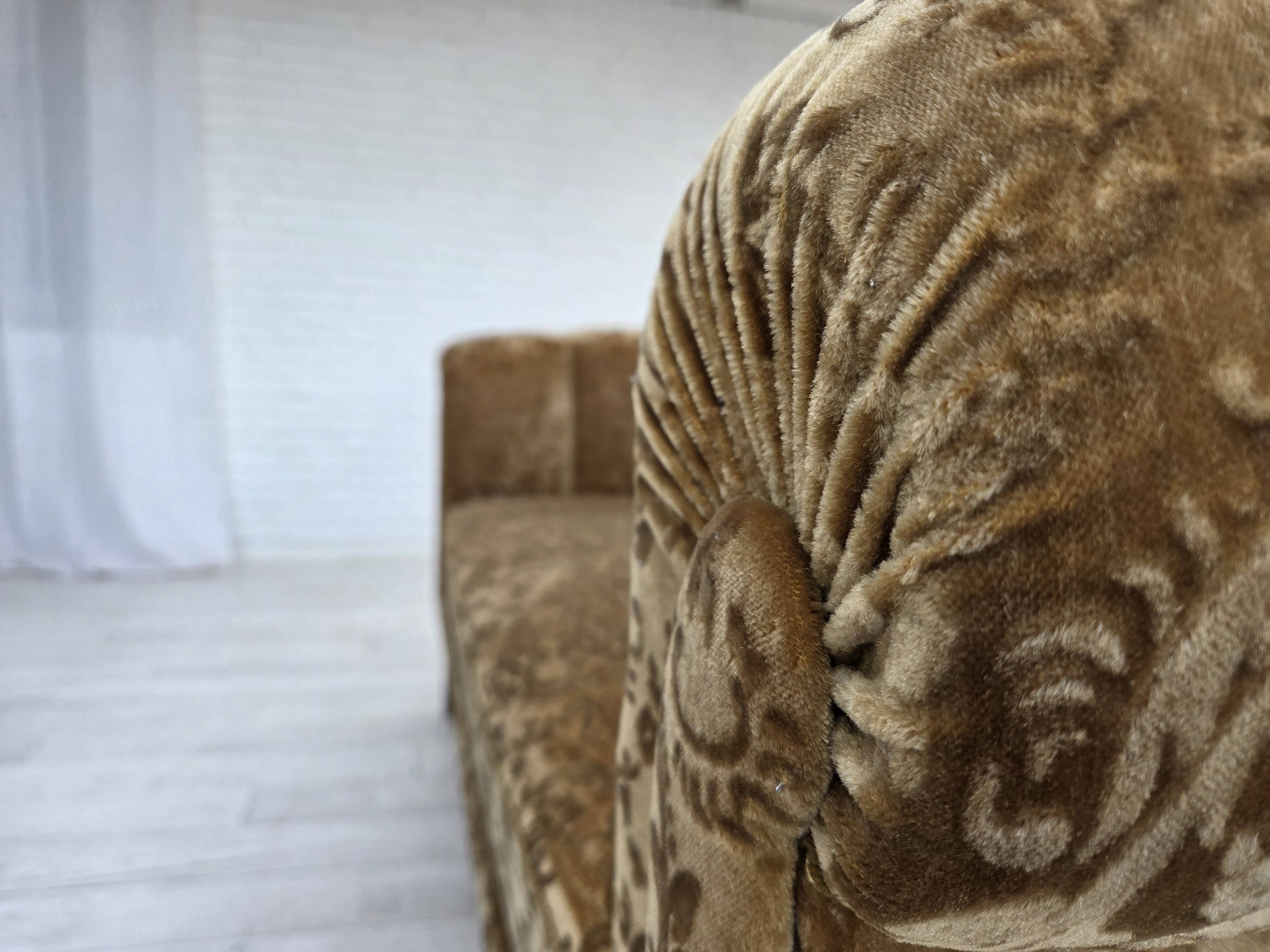 1960s, 3-seater Danish sofa, green furniture velour, ash wood legs.