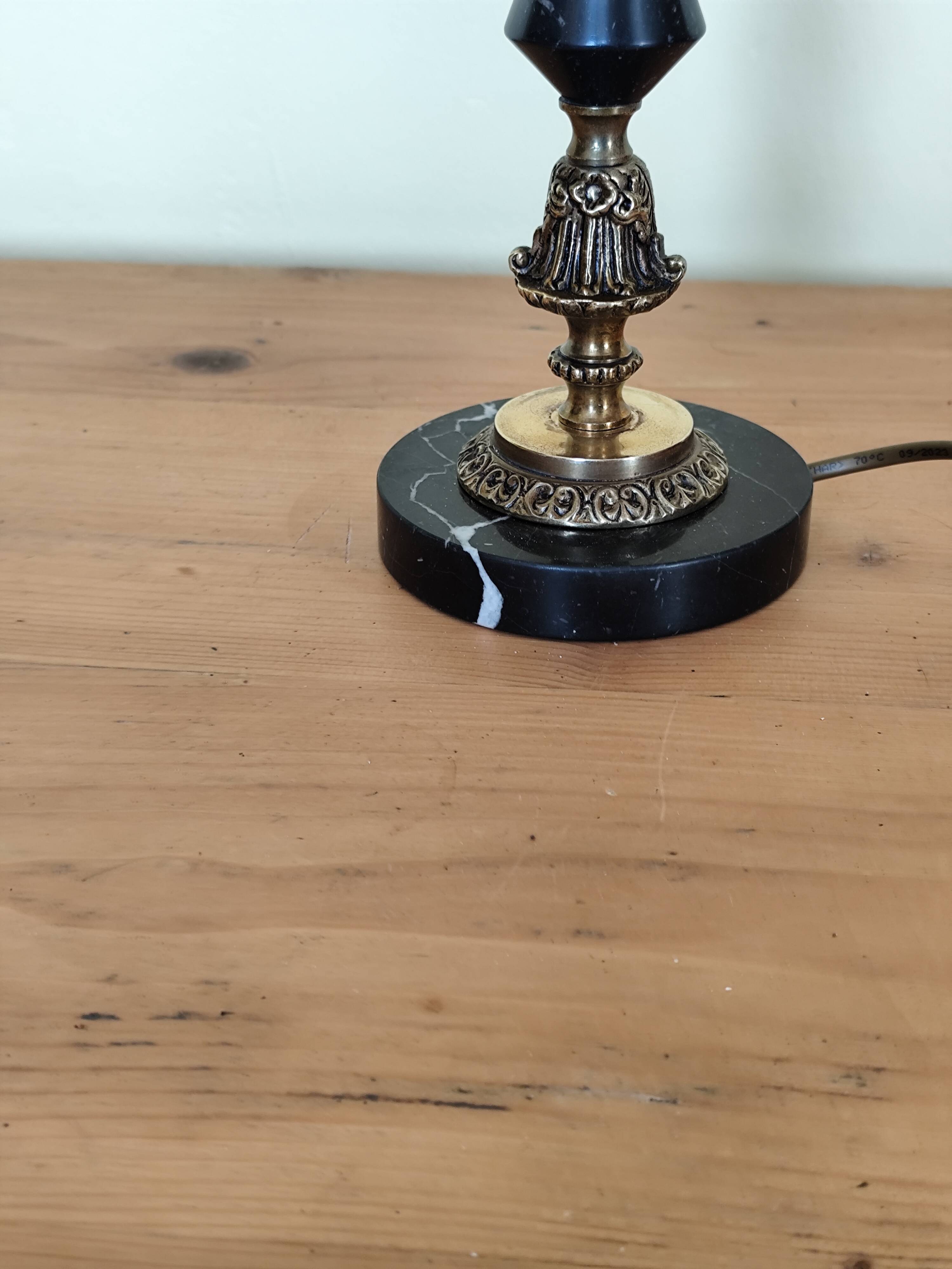 Table lamp base candlestick in chiselled brass and marble base.