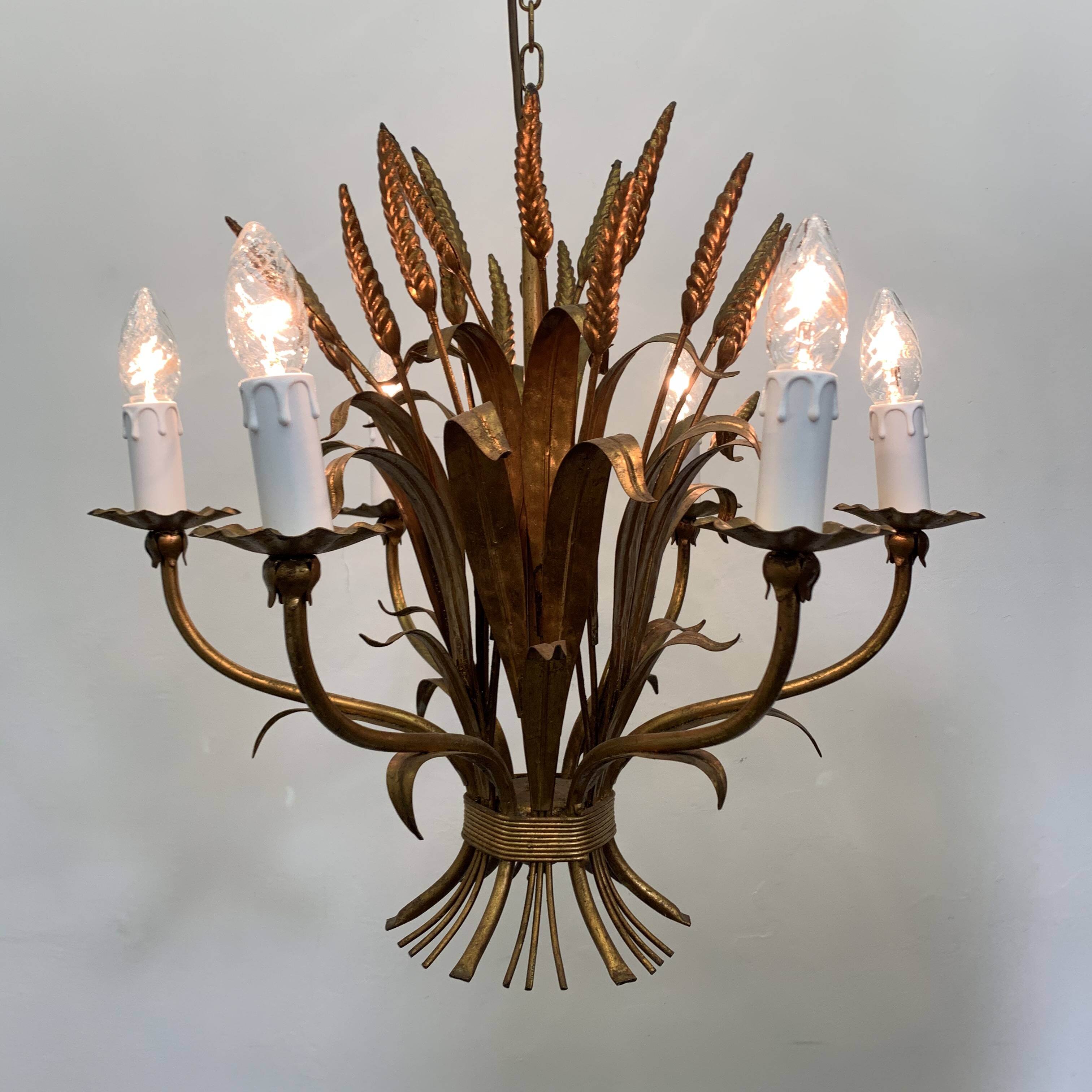 Large wheat sheaf leaf gold gilt chandelier, 1960’s