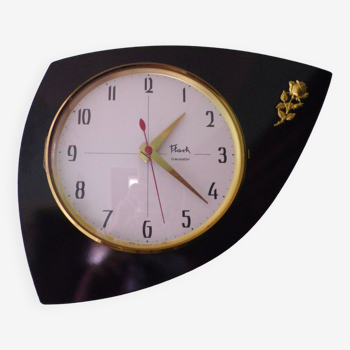 Black formica wall clock, Flash Transistor brand, Flavia model