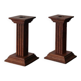 Pair of antique wooden column decor candleholders Oisterwijk