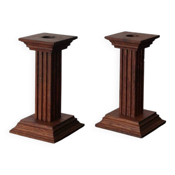 Pair of antique wooden candlesticks in the shape of a column Oisterwijk
