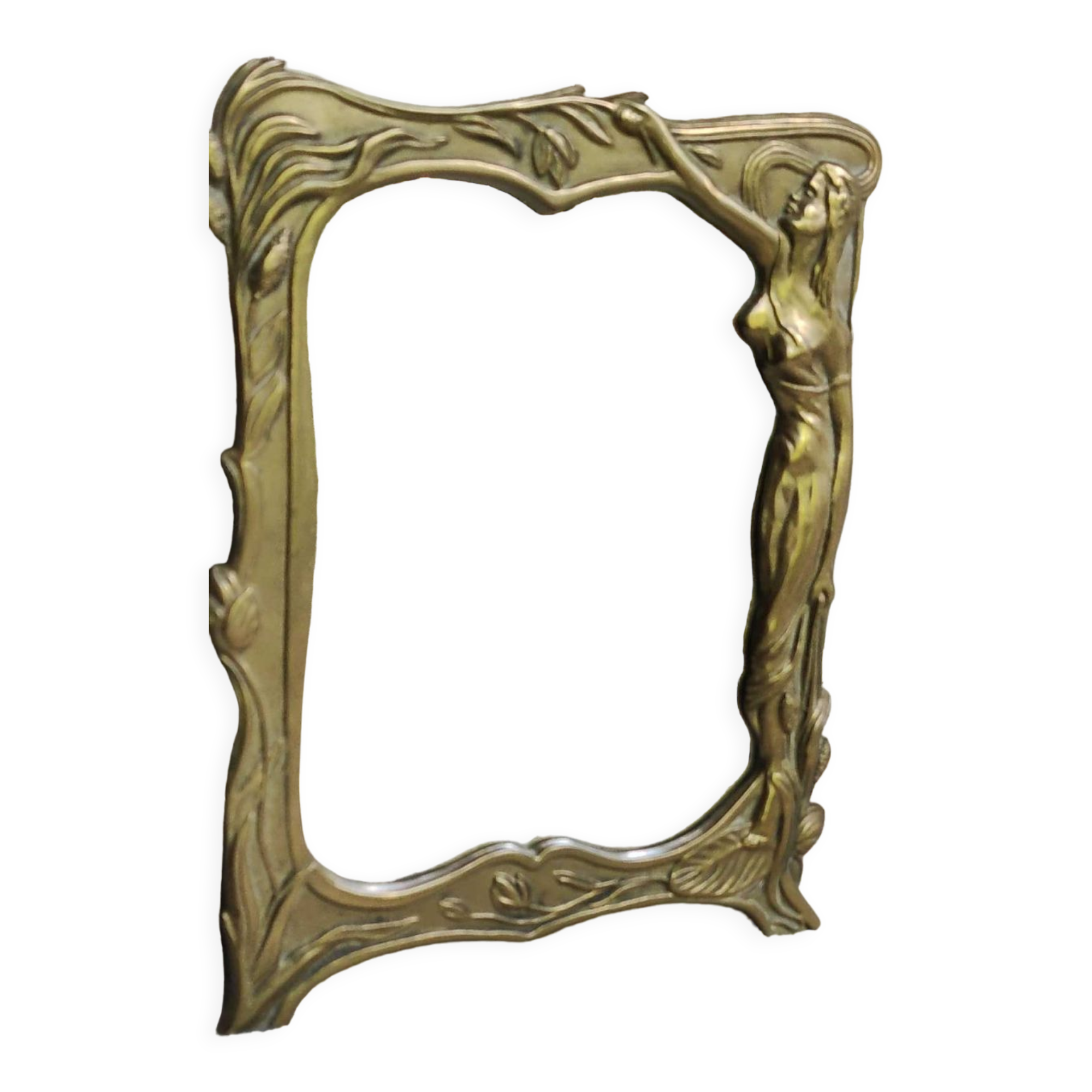 Brass table mirror, art nouveau, lady figurine/foliage, wheat ears
