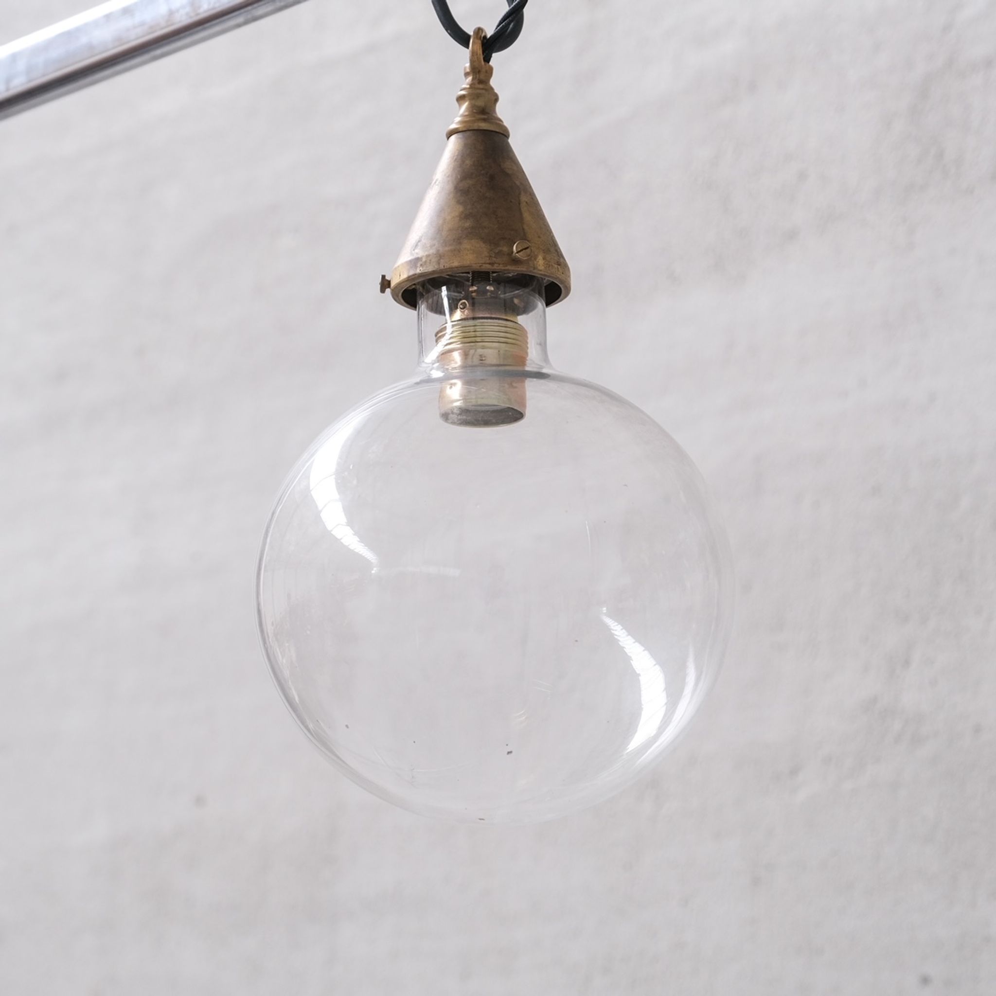 Clear Glass and Brass Bulb Mid-Century French Pendant Light