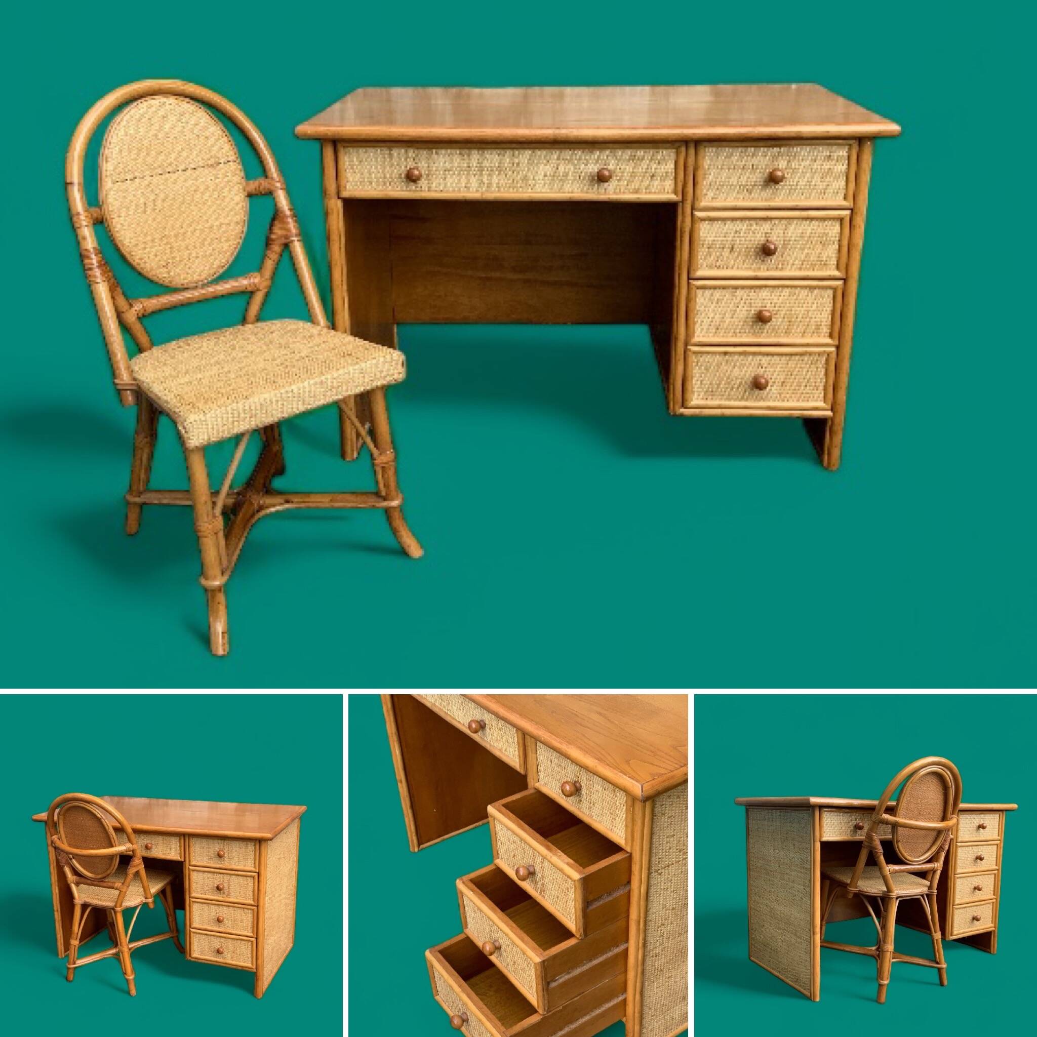 Vintage rattan and woven wicker desk 1970