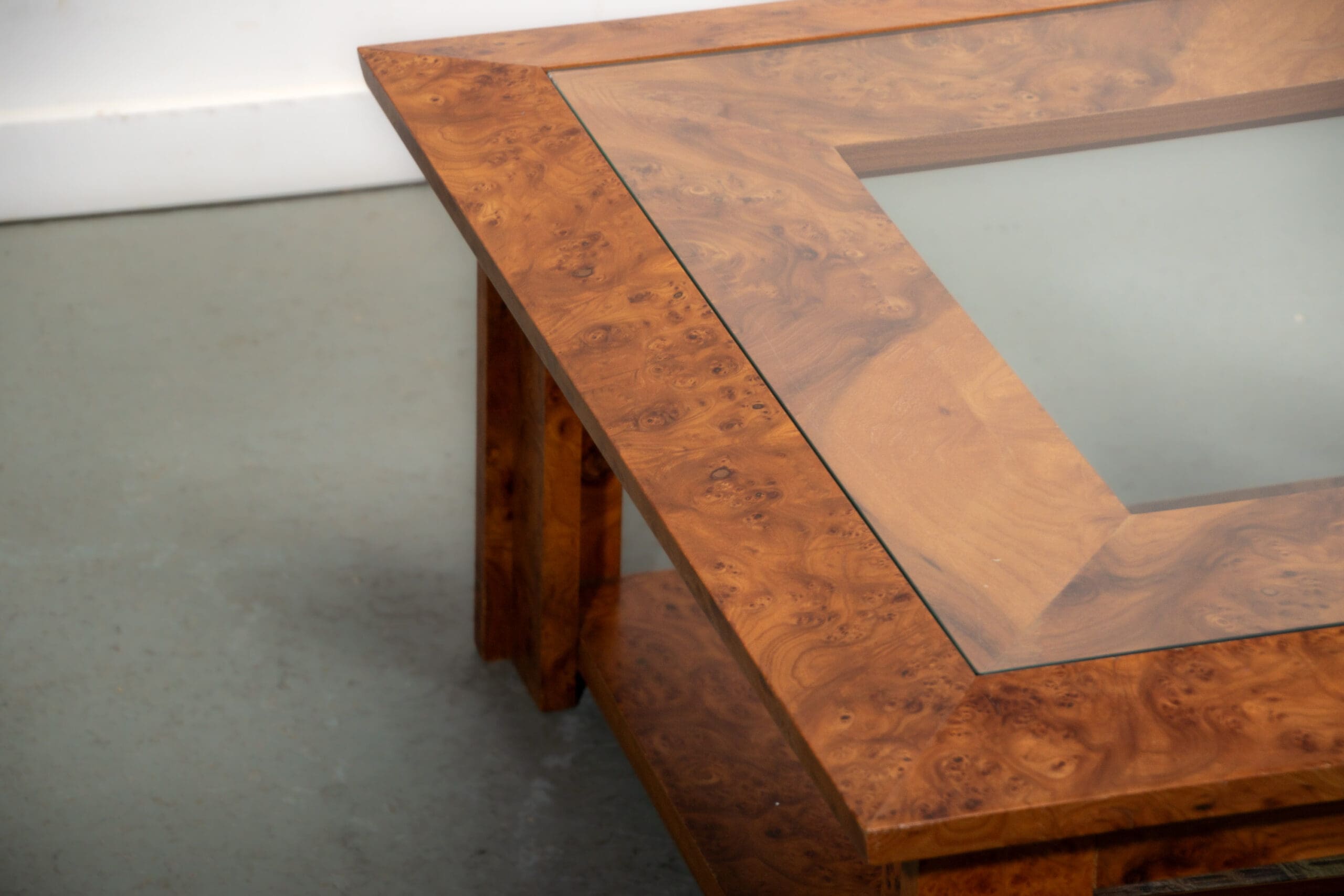 Walnut burl and glass coffee table circa 1980
