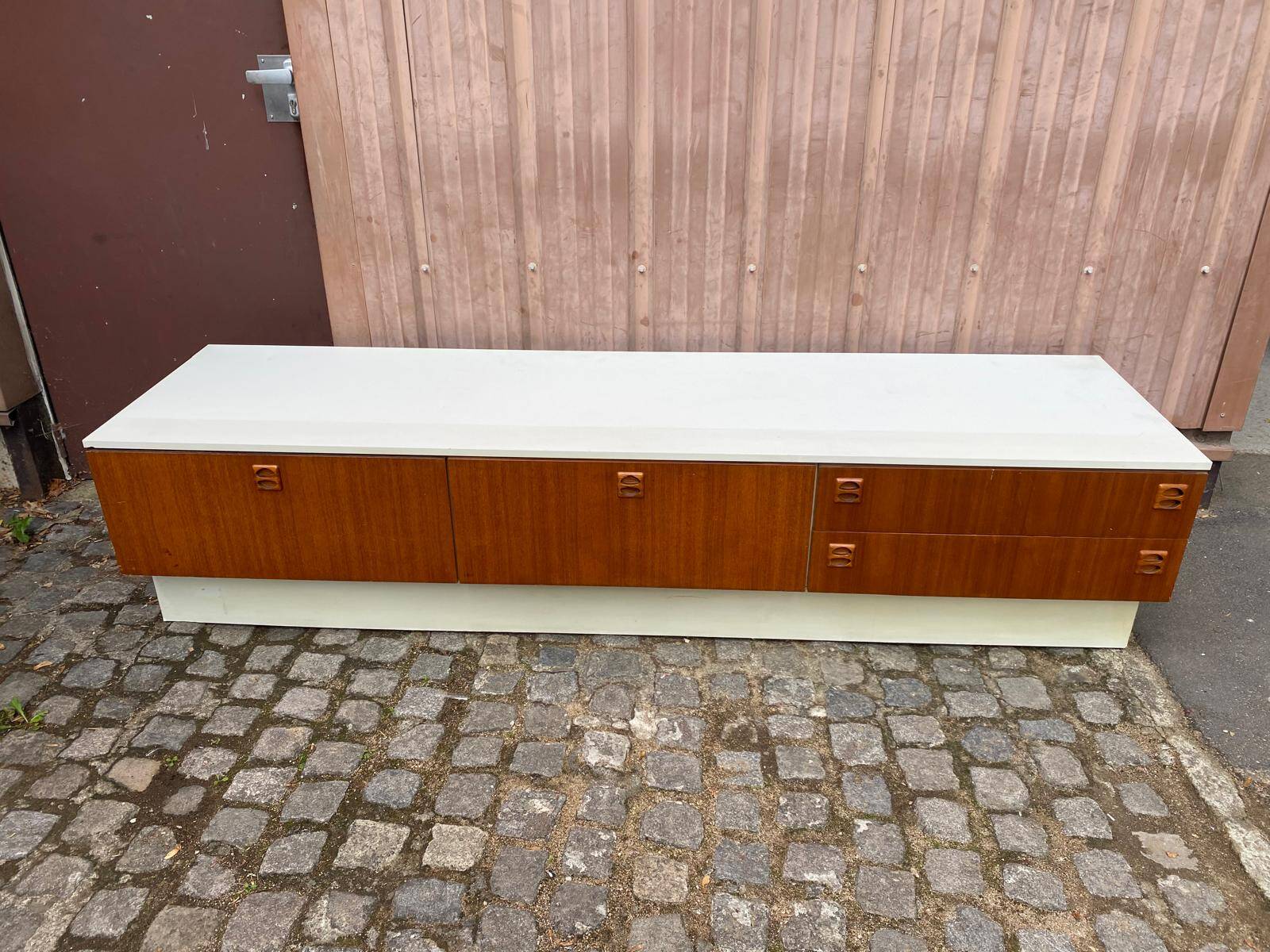 Large Scandinavian low sideboard 220x50cm solid teak & white TV unit 196