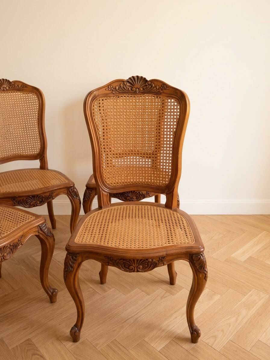 Set of 4 Regency chairs in caned cherry wood.