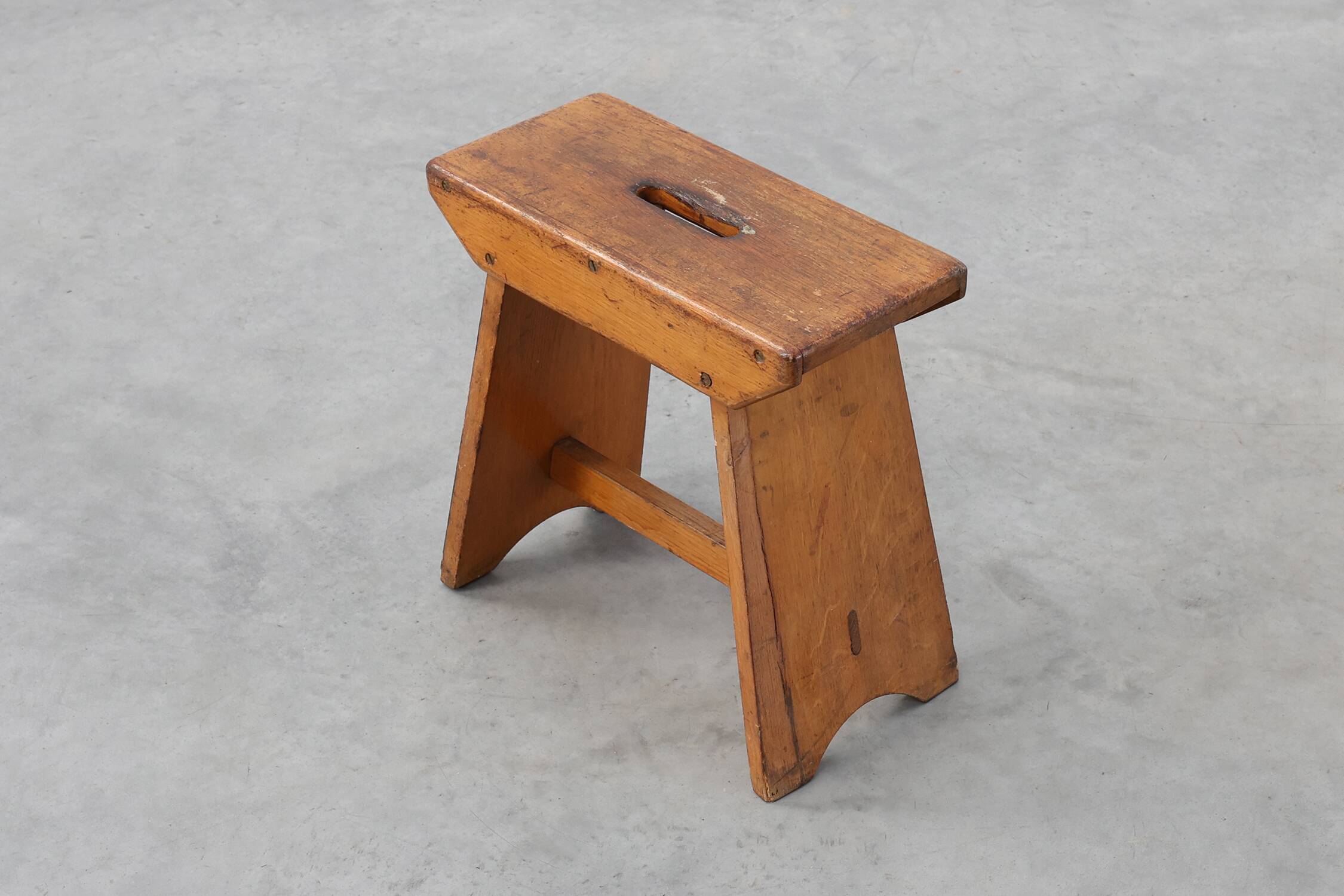 Rustic Pine Stool with Cut-Out Trestle Legs, Sweden, circa 1920