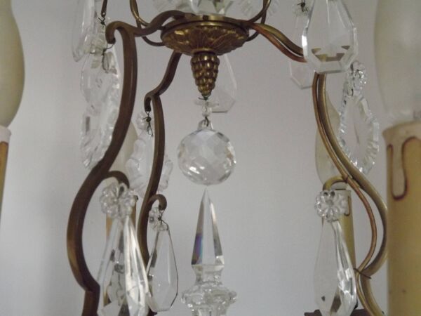 Elegant French Vintage 1940s Brass Glass & Crystal 6 Light Cage Chandelier