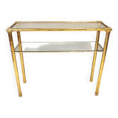 Rectangular Gold Aluminum Console Table with Two Glass Shelves, Italy
