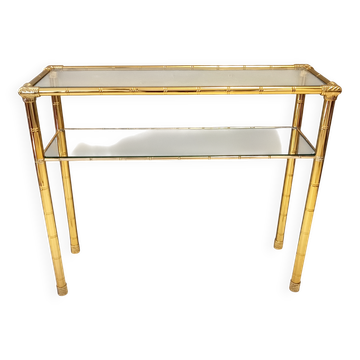 Rectangular Gold Aluminum Console Table with Two Glass Shelves, Italy