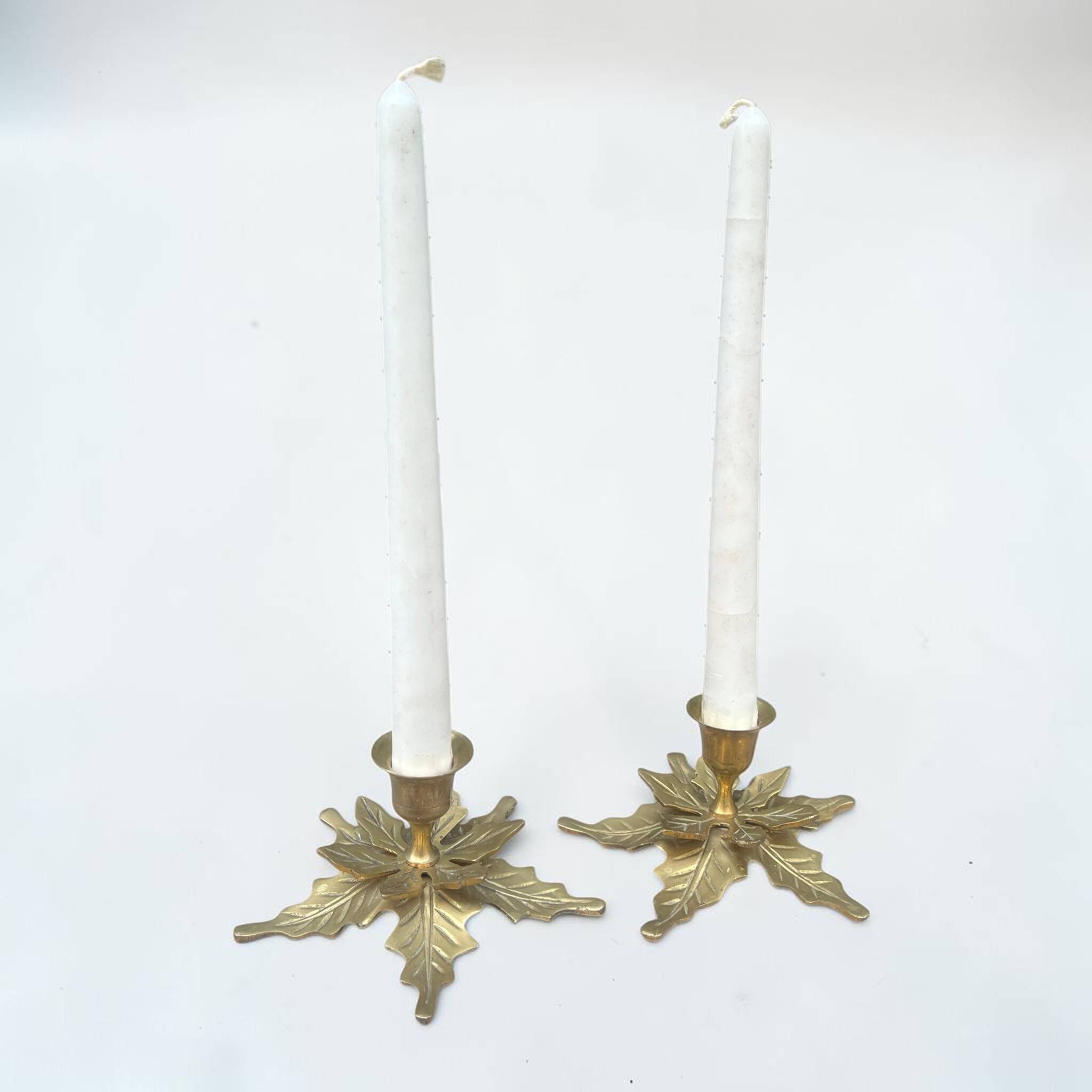 Brass candlestick in the shape of holly leaves _ bohemian chic candlestick
