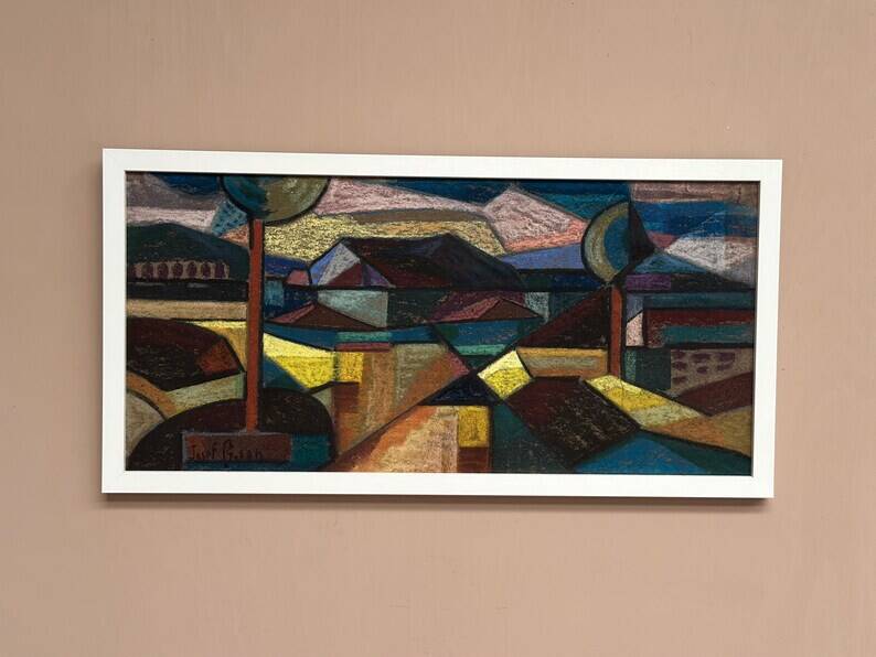 Large oil on panel by Josef Gustafsson, Cubist Landscape, Signed