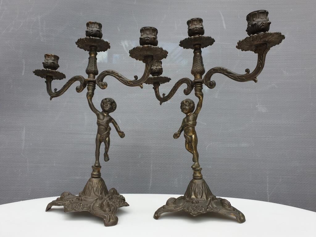 "Il mio bel foco" pair of candlesticks XIXth cherubs 3 torchieres