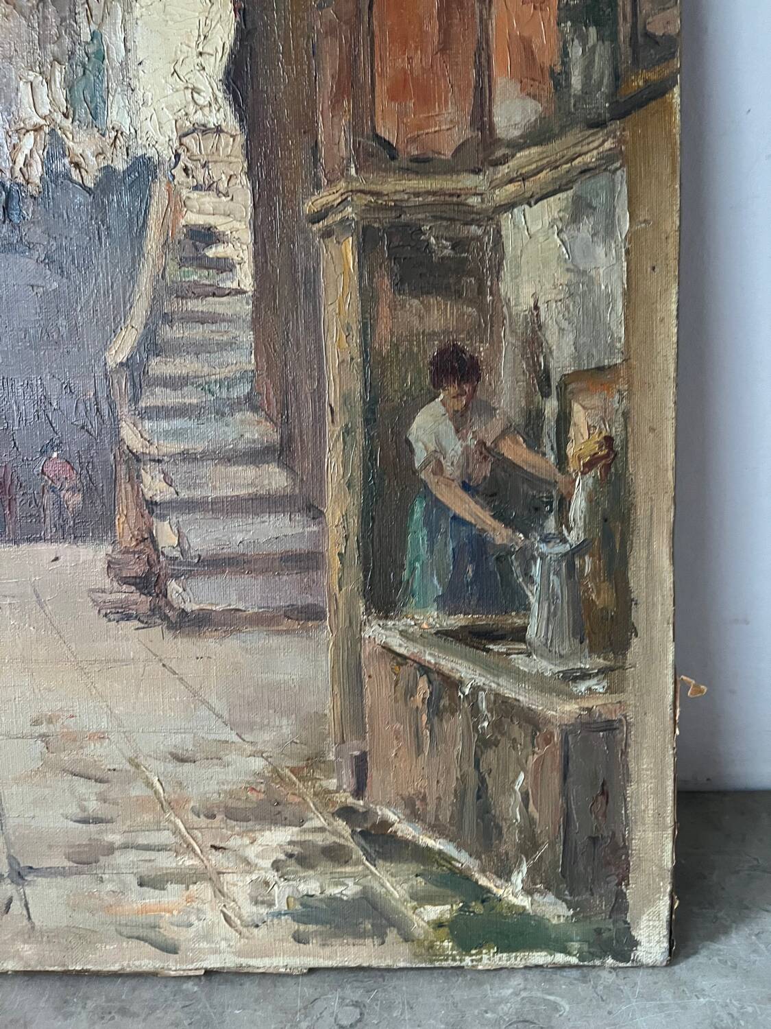 Scène de rue devant château, huile sur toile