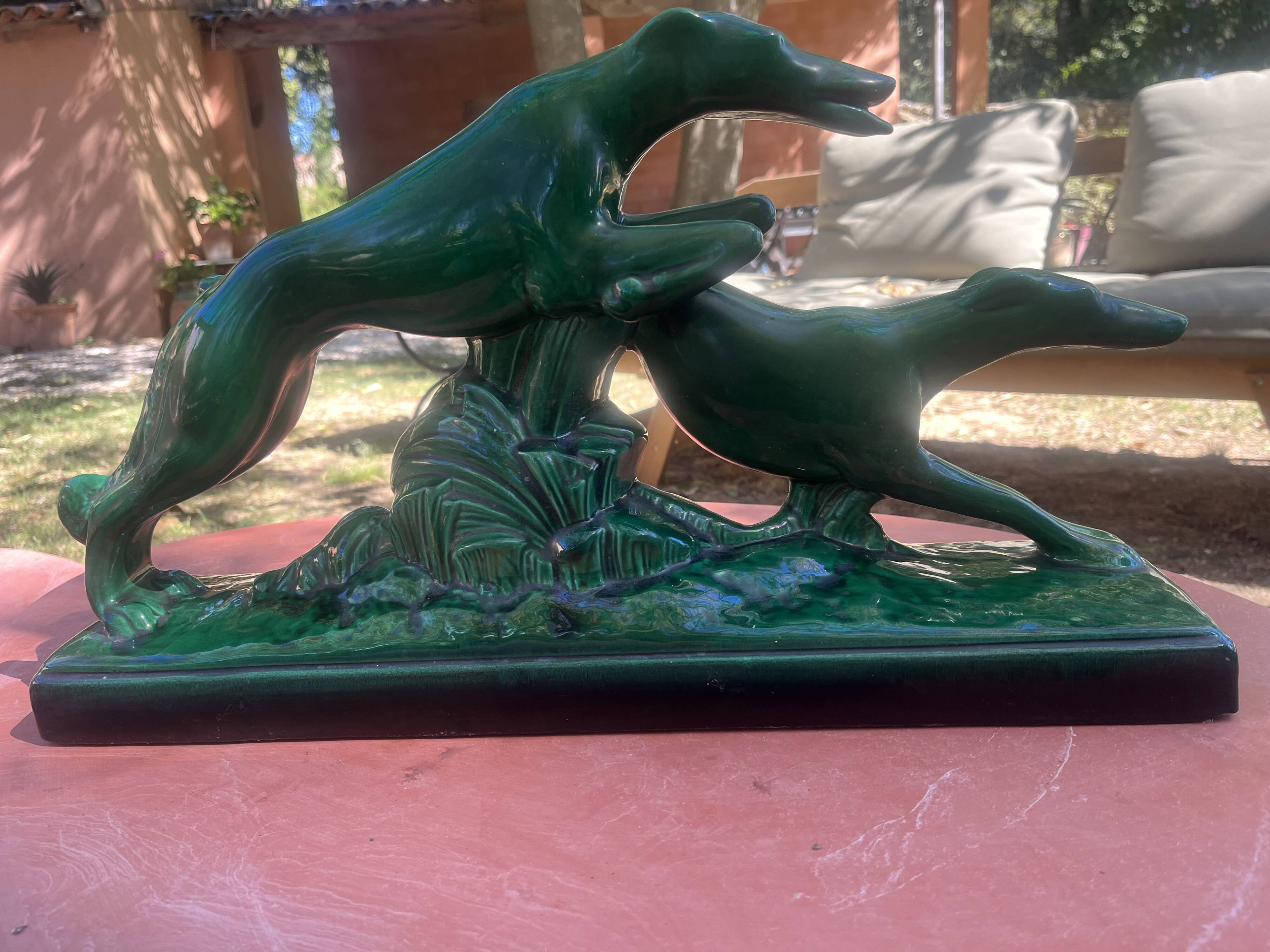 Art Deco sculpture by Charles Lemanceau, Two Greyhounds, Saint Radegonde.