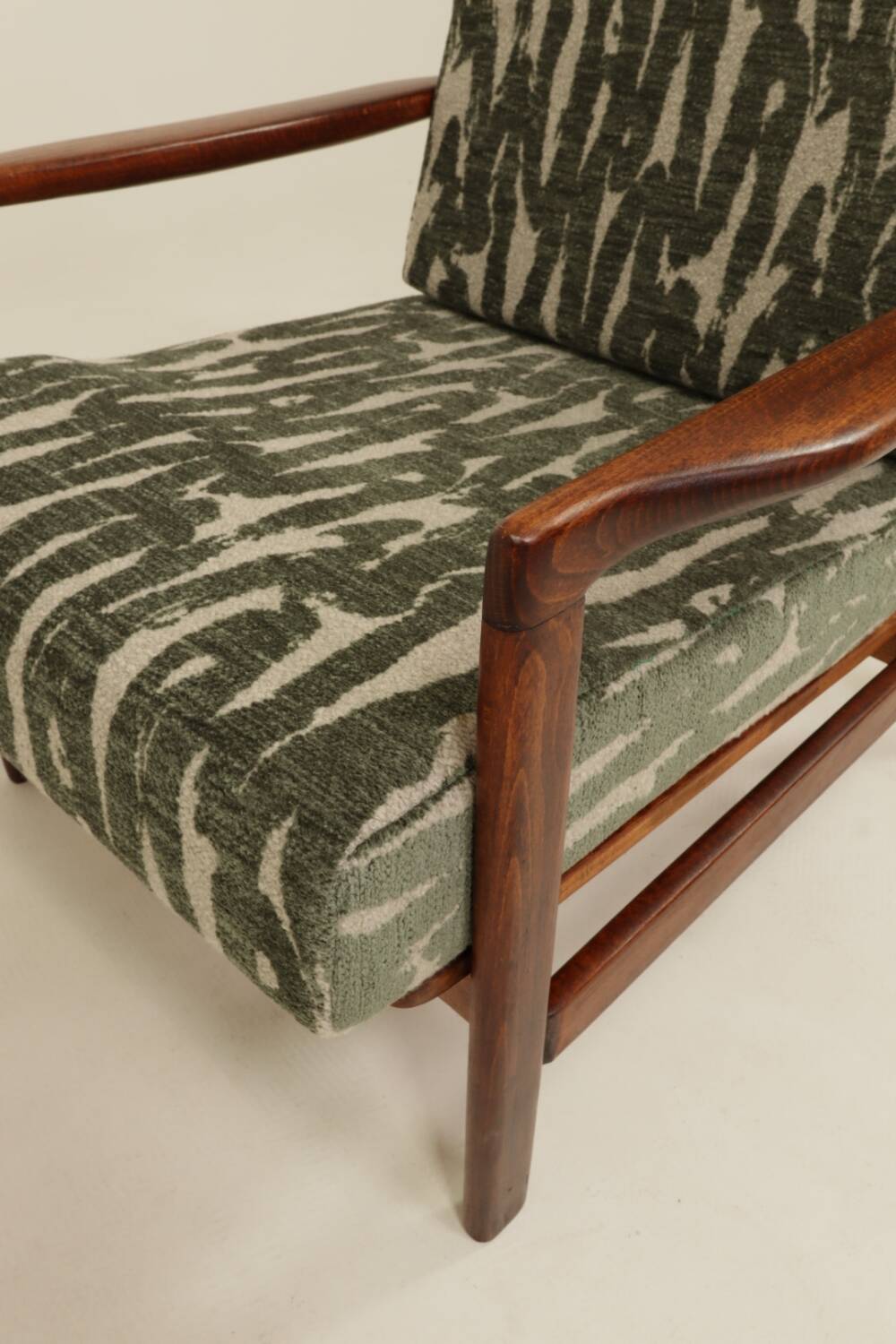 Vintage green jacquard armchair, mid-century modern design, 1965.