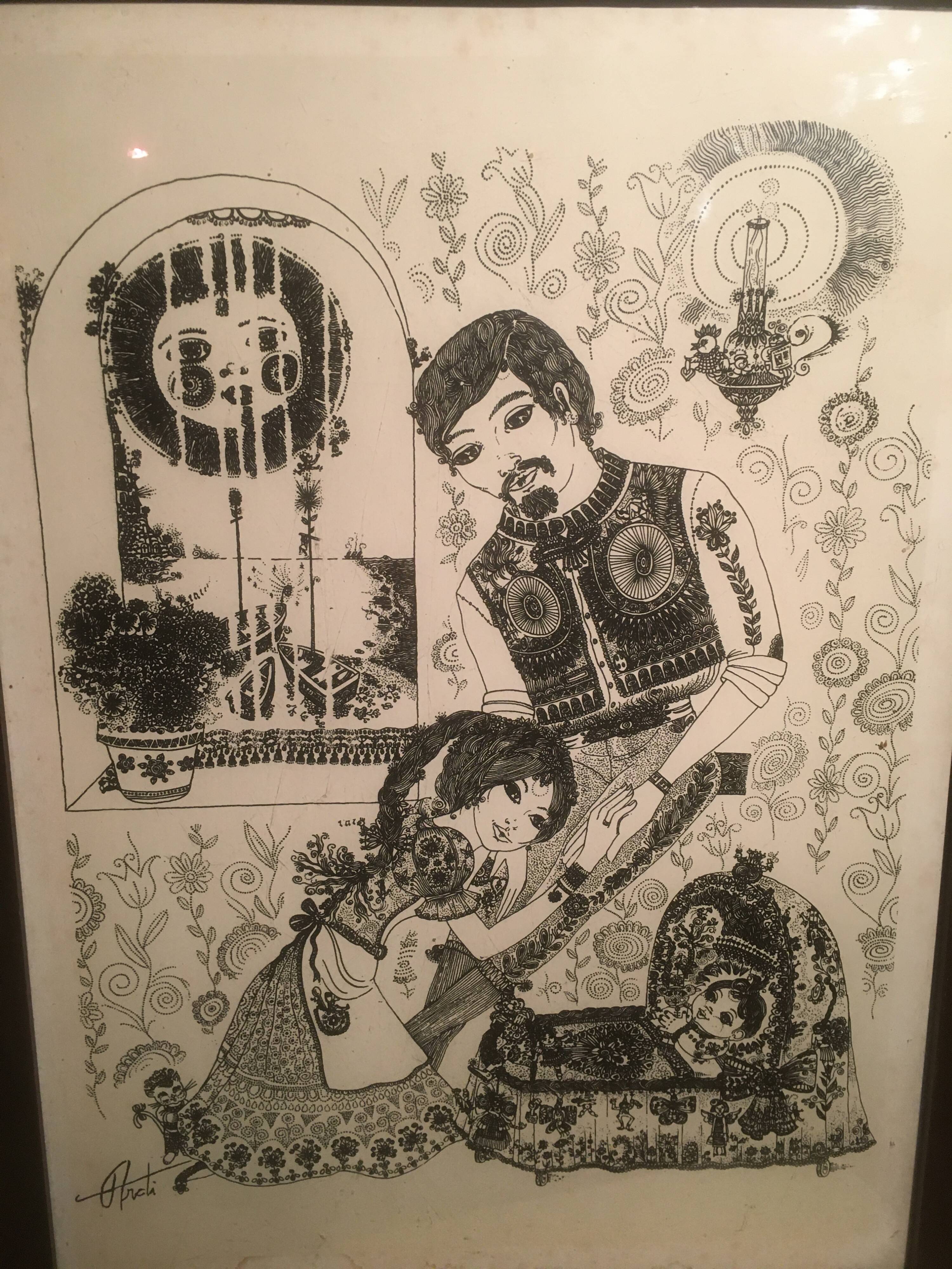 Illustration/signed paper print, framed, 60s/70s