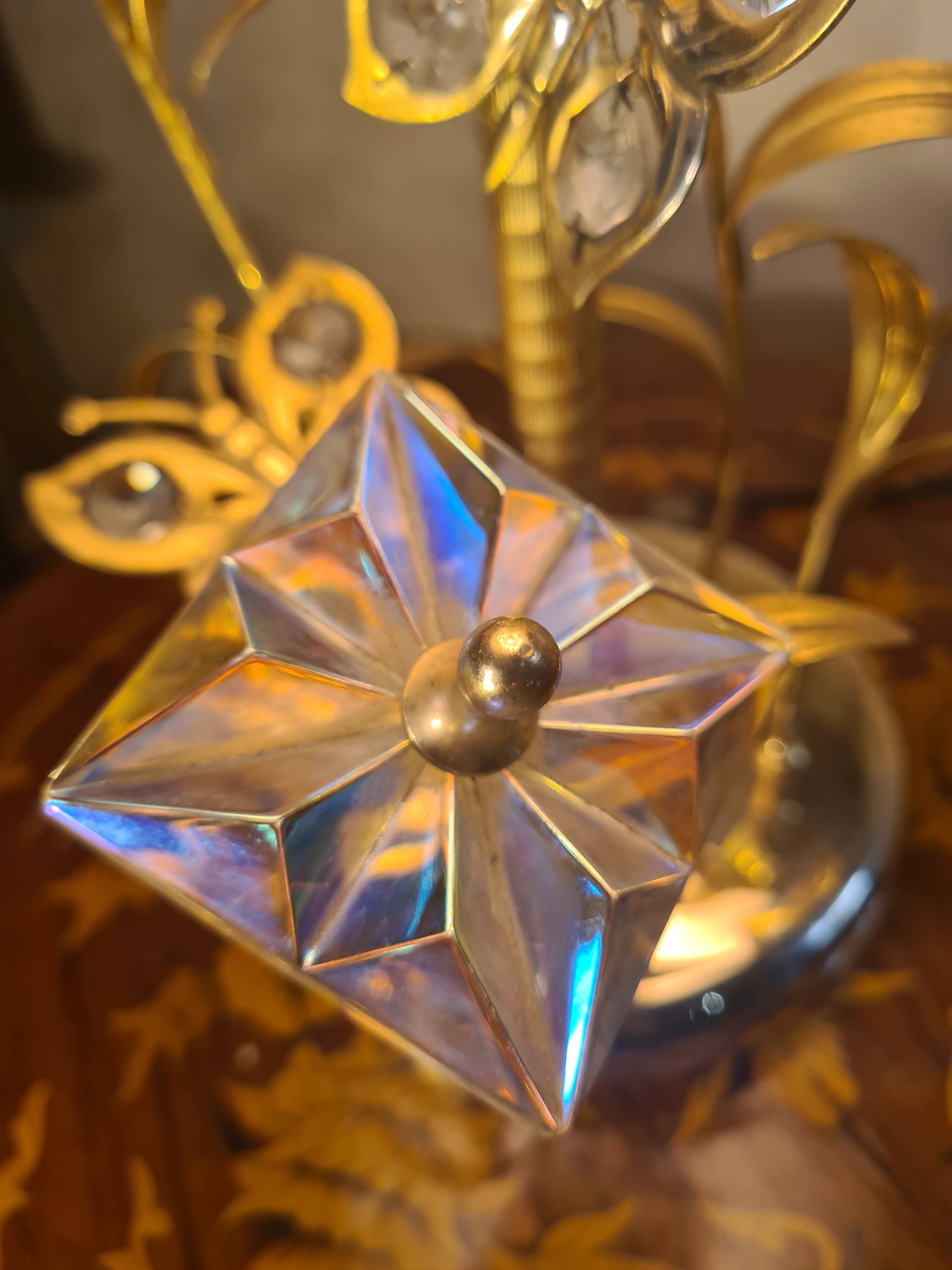 chrome or brass glass lamp, flower and butterfly 1975 to 80s pleated shade