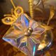 chrome or brass glass lamp, flower and butterfly 1975 to 80s pleated shade