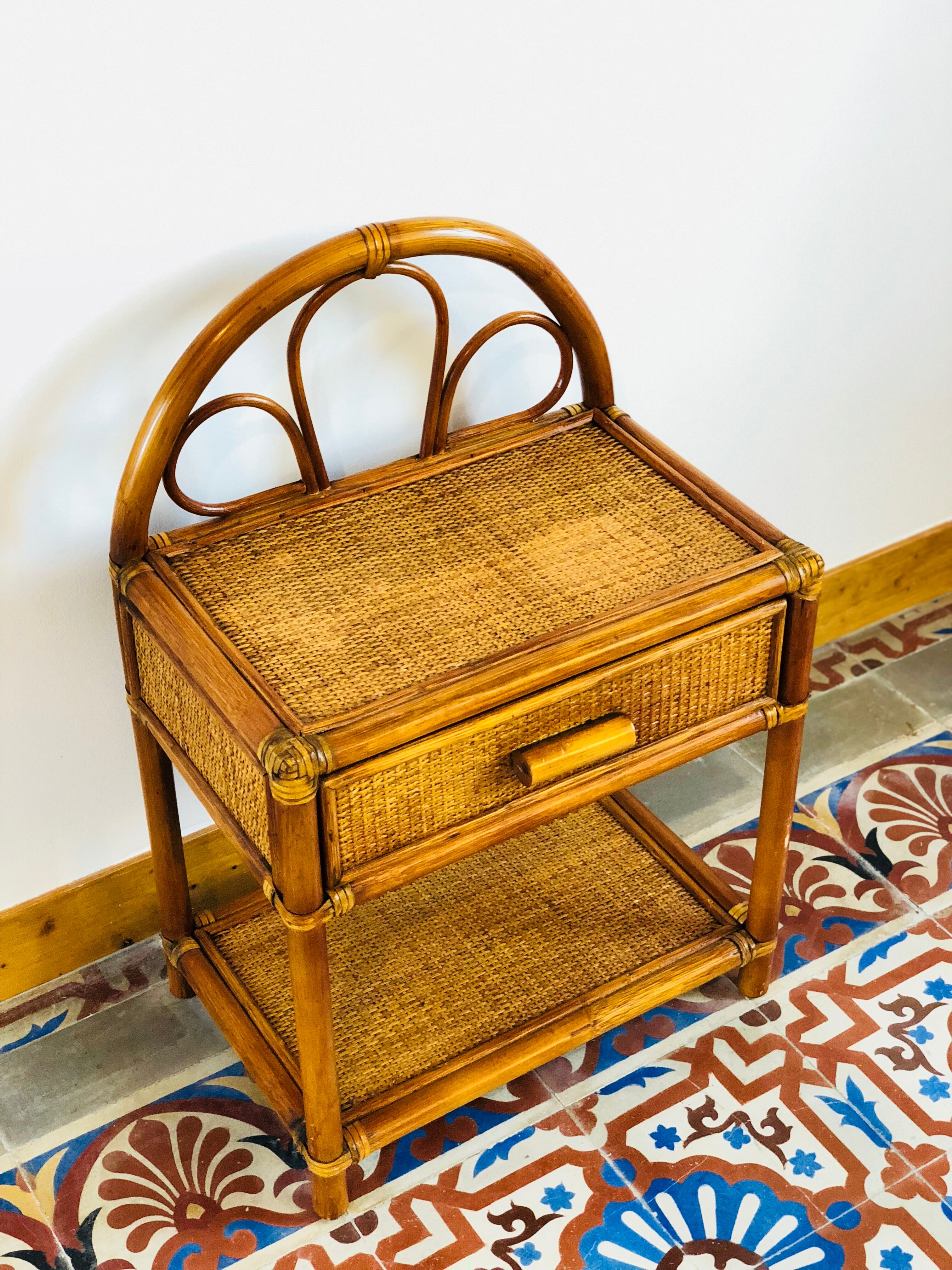 Pair of bamboo and rattan bedside tables