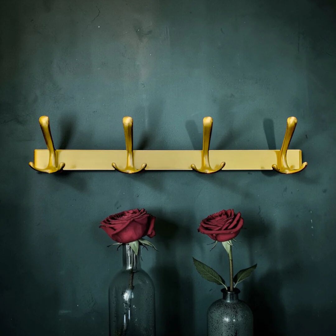Vintage wall-mounted coat rack in anodised gold aluminium – 4 hooks – 1960s