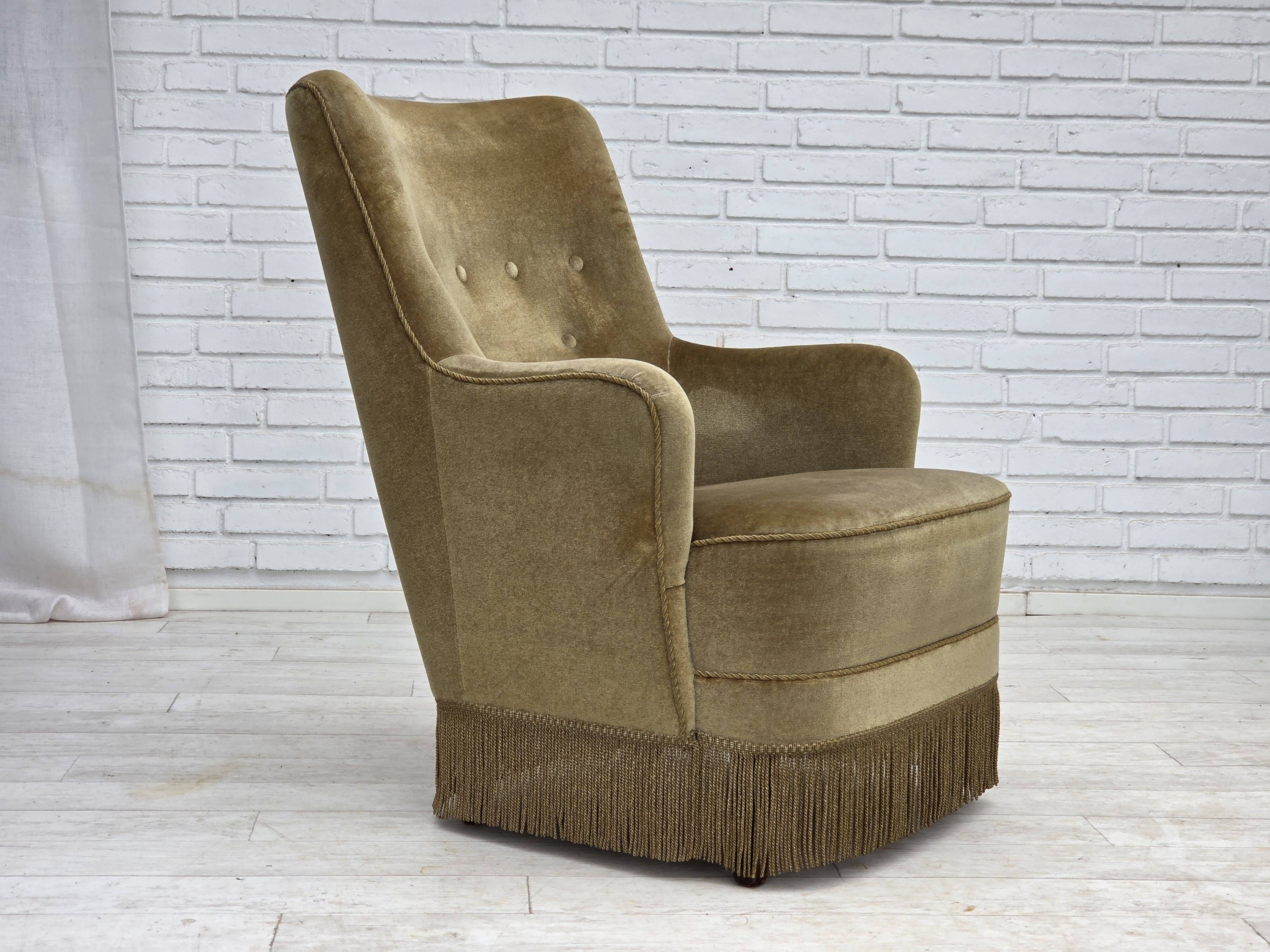 1970s, Danish highback armchair, light green furniture velour.