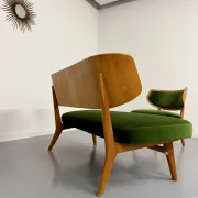 Sofa and armchair designed by Herta-Maria Witzemann, moulded wood, 1960s.