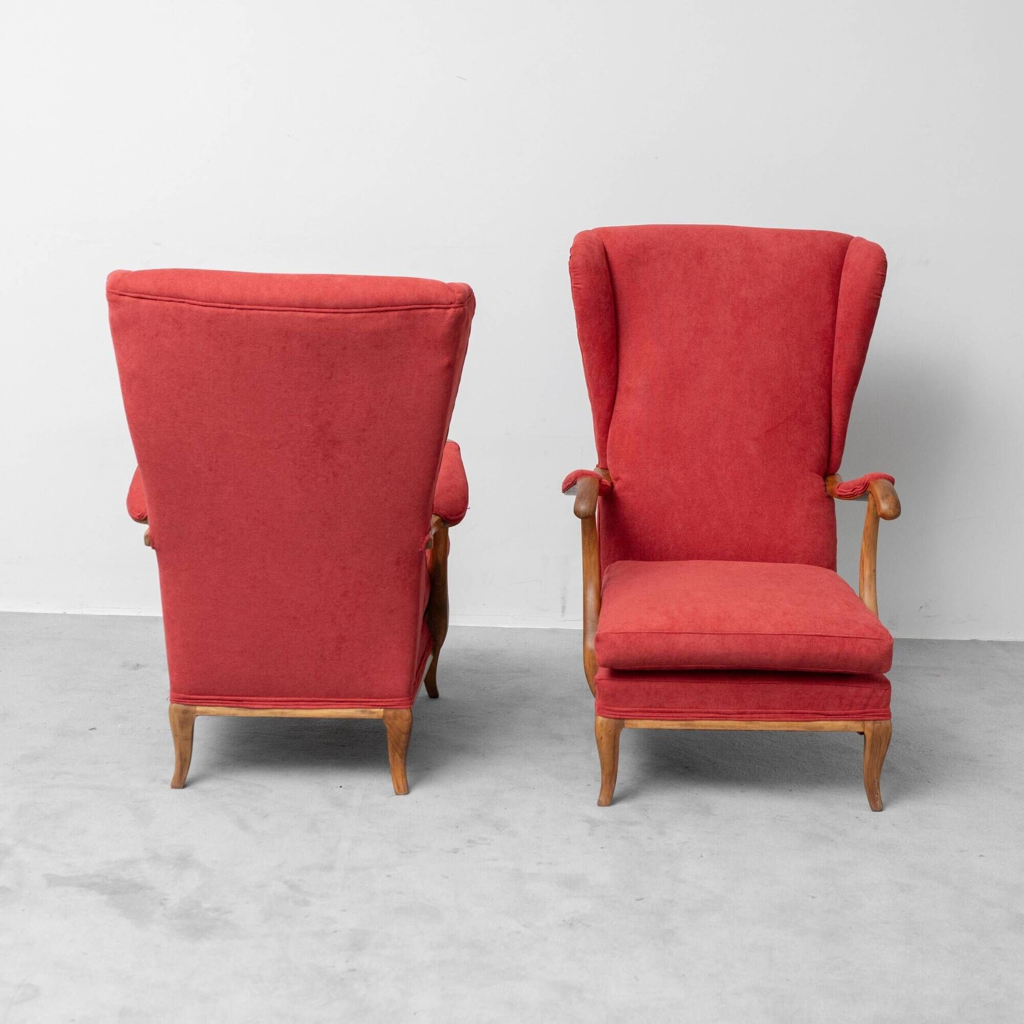 Pair of vintage armchairs attributed to Paolo Buffa in red fabric from the 1950s.