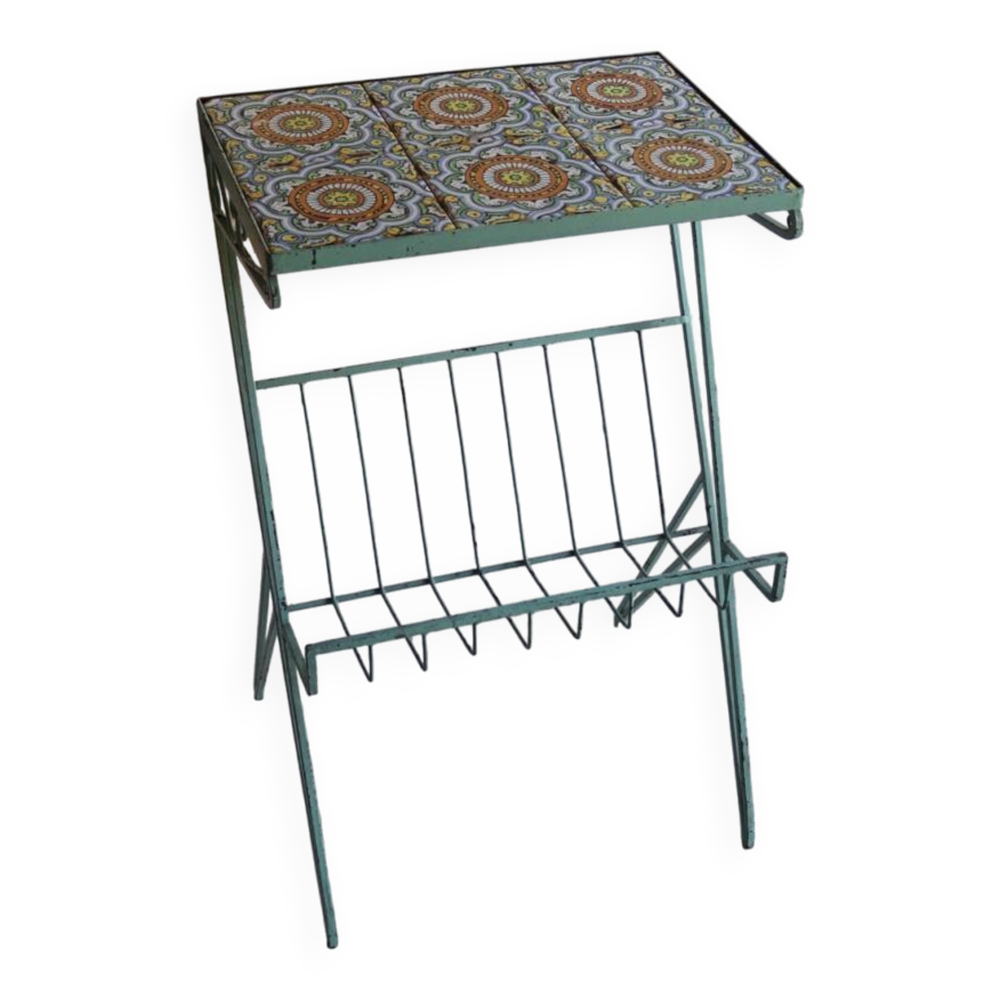 Metal plant stand with tiled top – 6 antique tiles