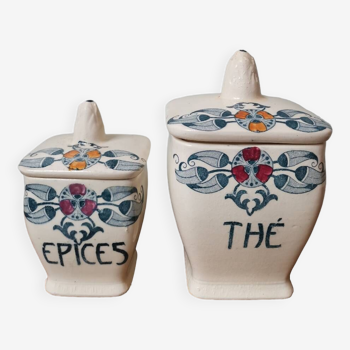 Set of 2 pot box spices tea vintage ceramic Longchamp model Mérida art nouveau