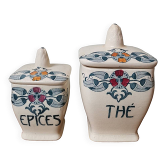 Set of 2 pot box spices tea vintage ceramic Longchamp model Mérida art nouveau