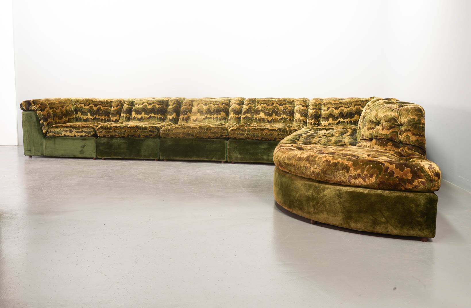 XL Woodstock Style Greenish Velvet Modular Sofa with Ottoman by Laauser 70s