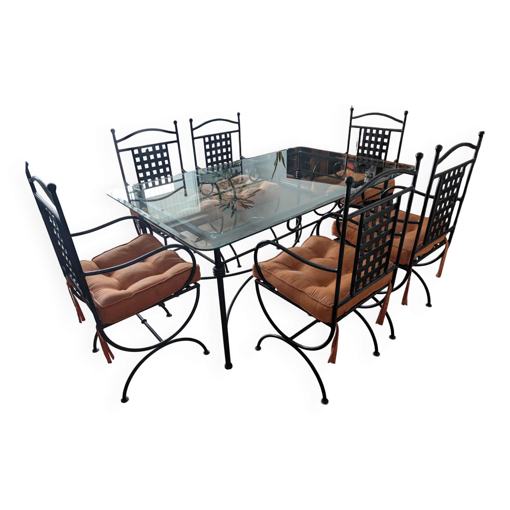table fer forgé largeur 1m, longueur 1,60m, hauteur 0,76 + 6 fauteuils