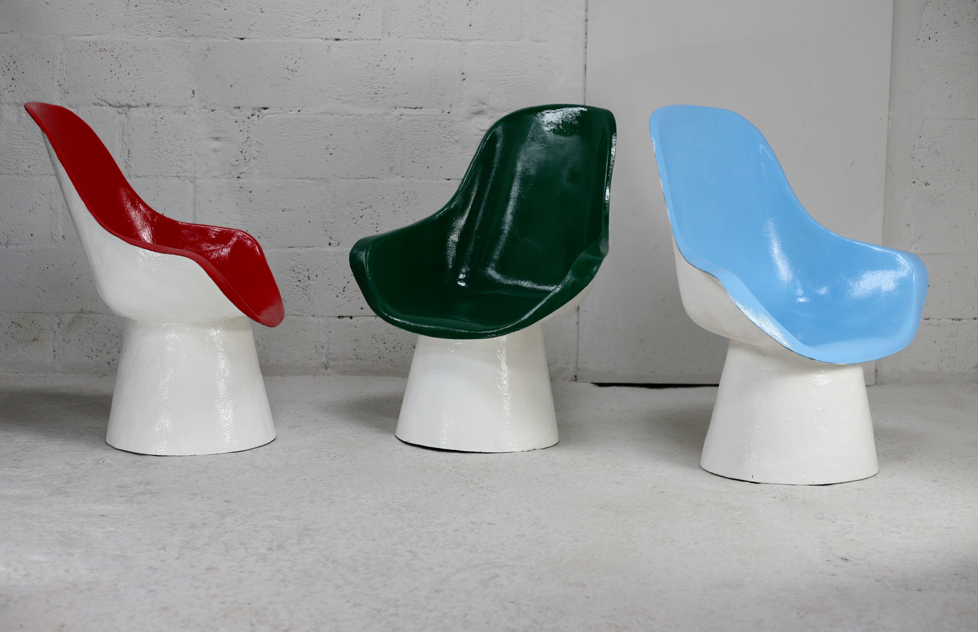3 painted fiberglass “space age” armchairs. France, circa 1970