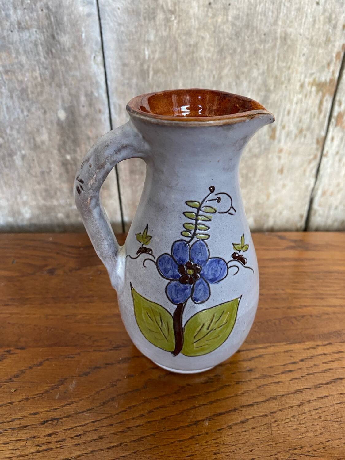 Antique grey enameled terracotta pitcher flower decor vintage kitchen