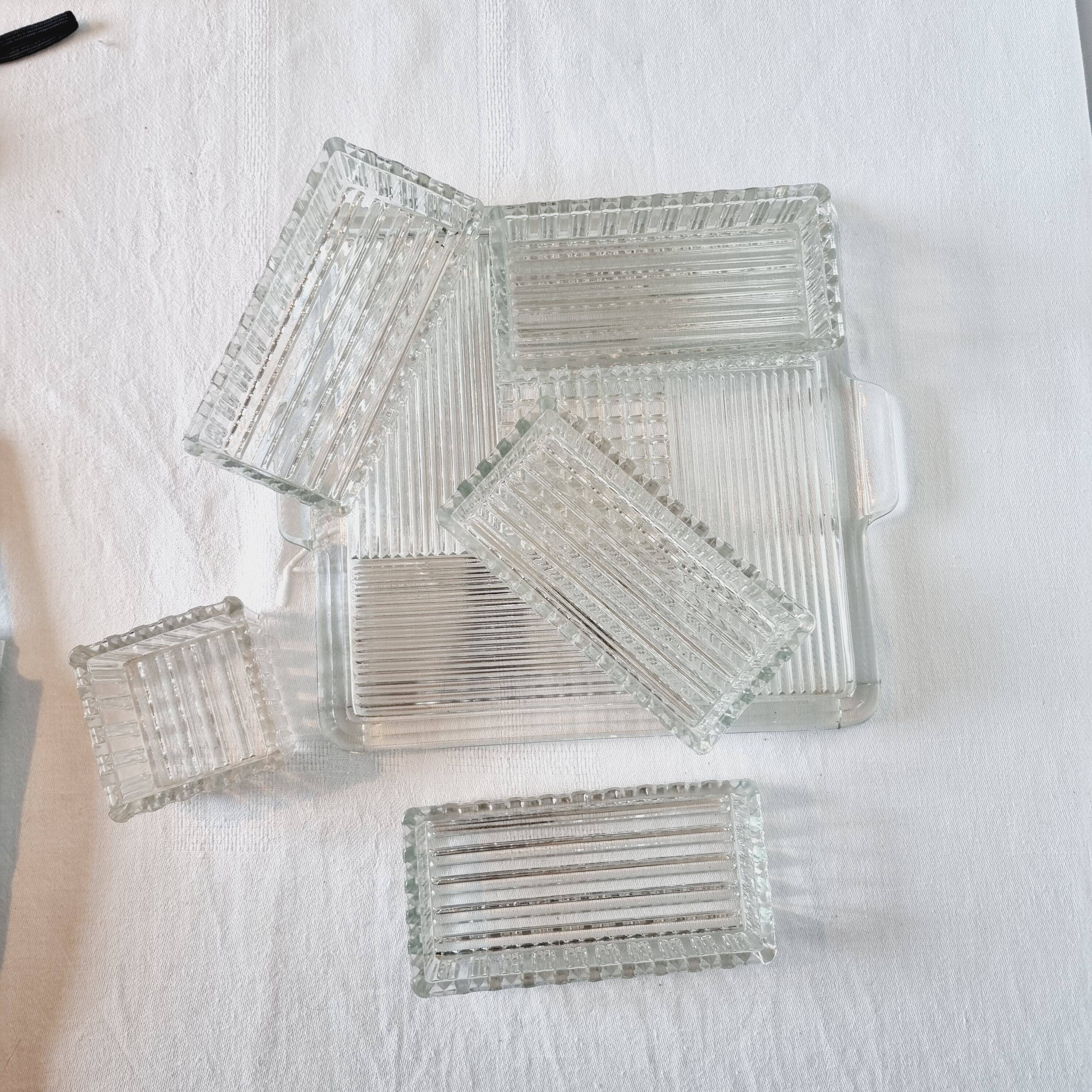Large 6-piece aperitif tray in French molded rock crystal from the 50s and 60s