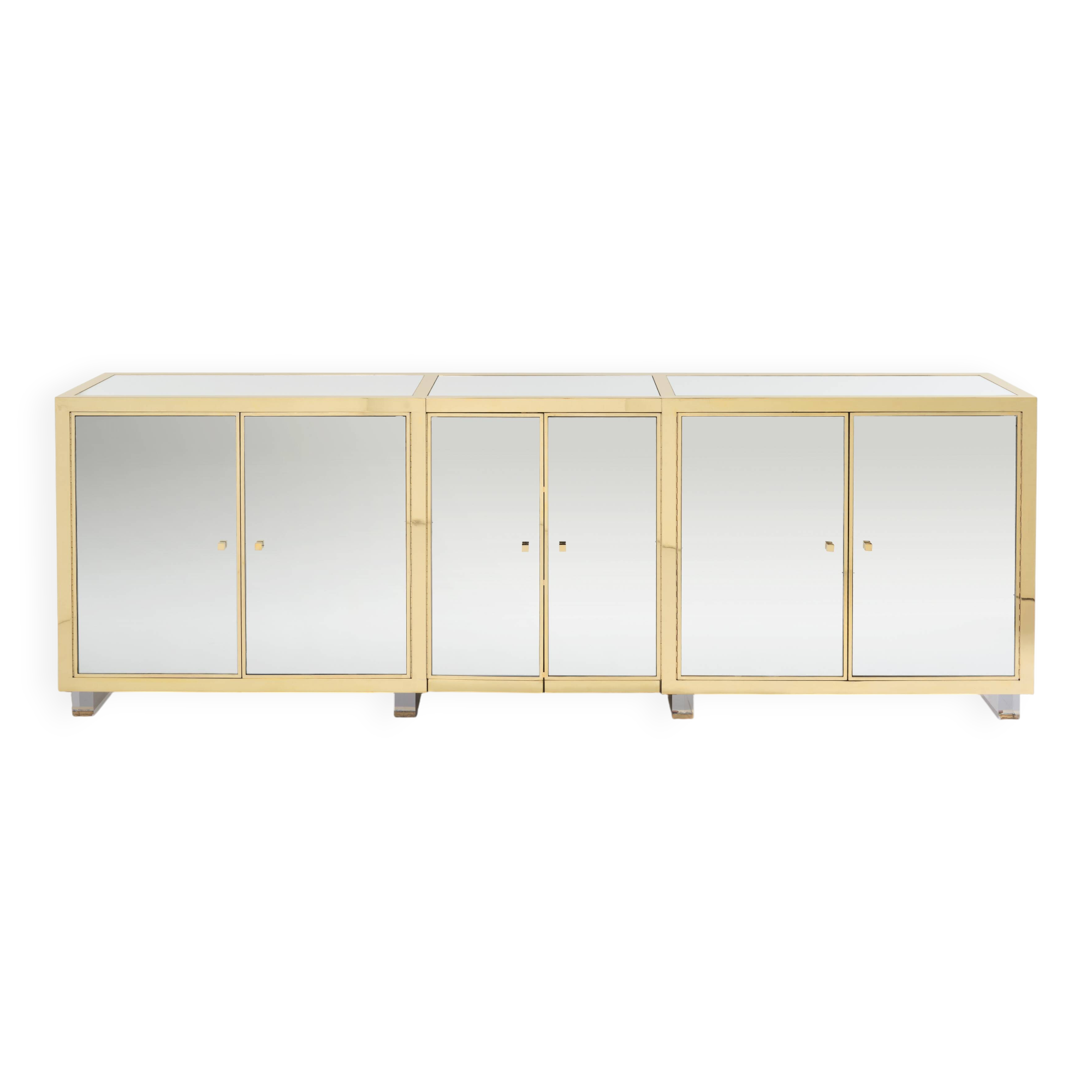 Brass sideboard with mirror and plexiglass legs by Michel Pigneres, 1970