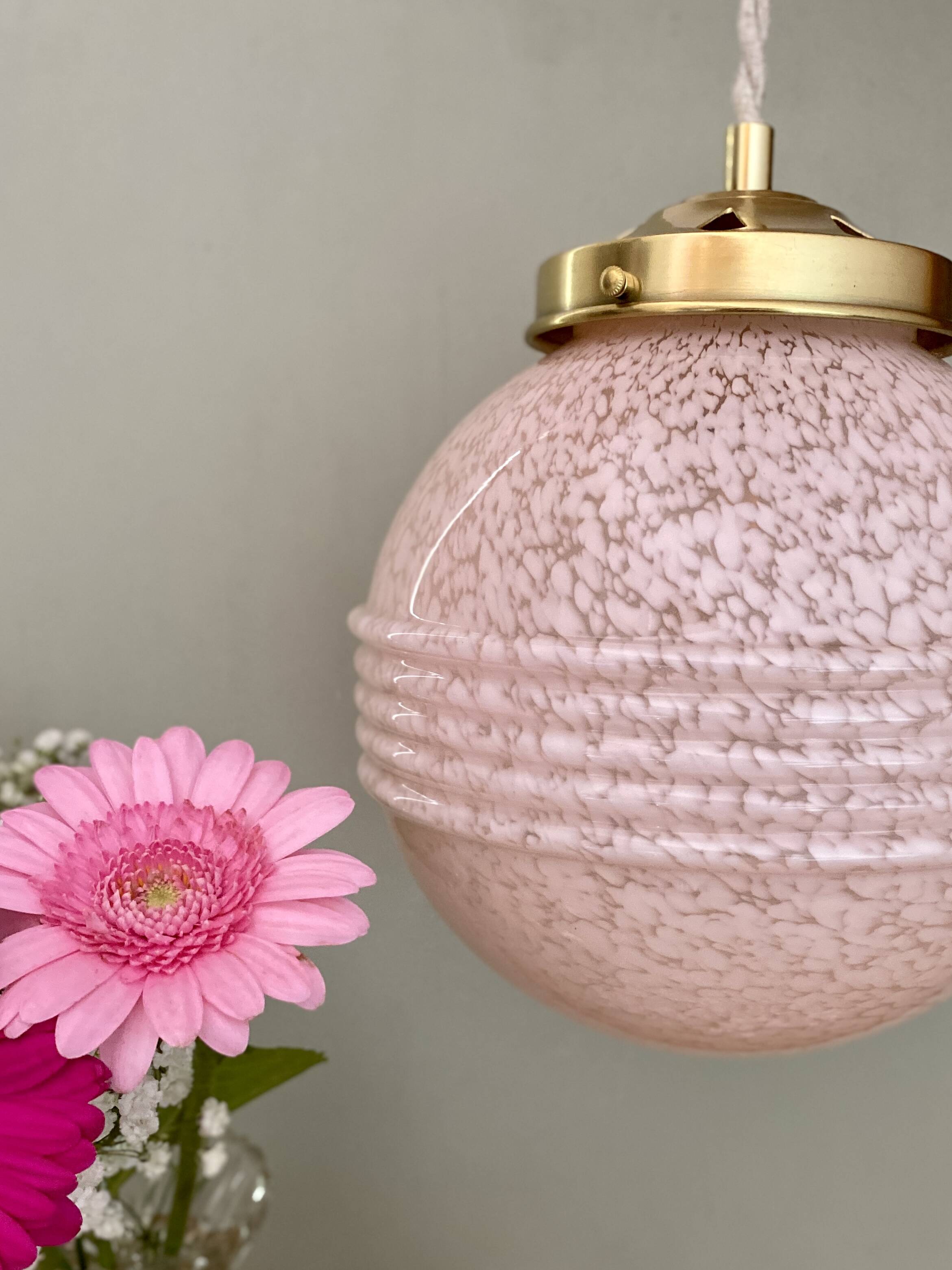 Vintage art deco globe pendant light in pink Clichy glass