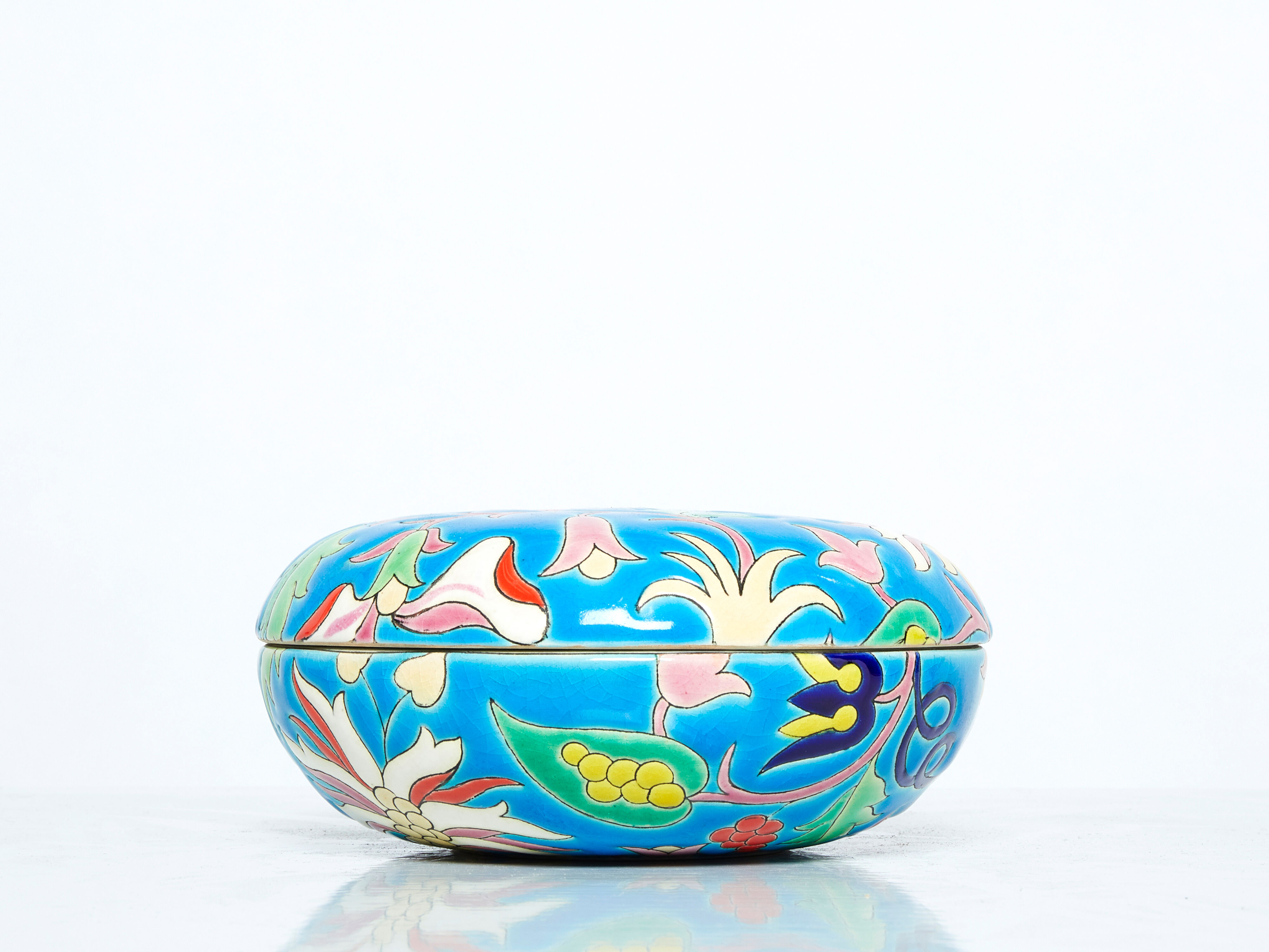 Large round box turquoise blue Art Deco Emaux de Longwy 1950